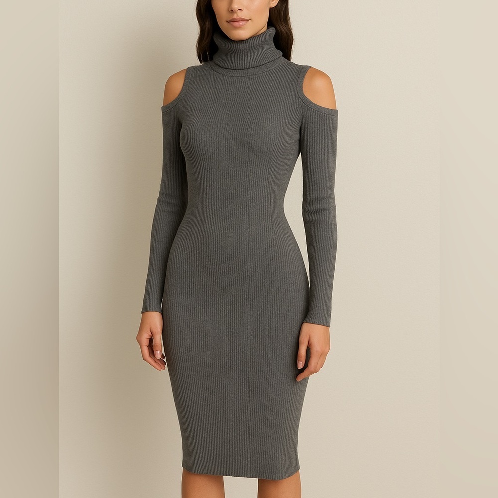 QED London Grey Bodycon Knit Dress XS Open Shoulders